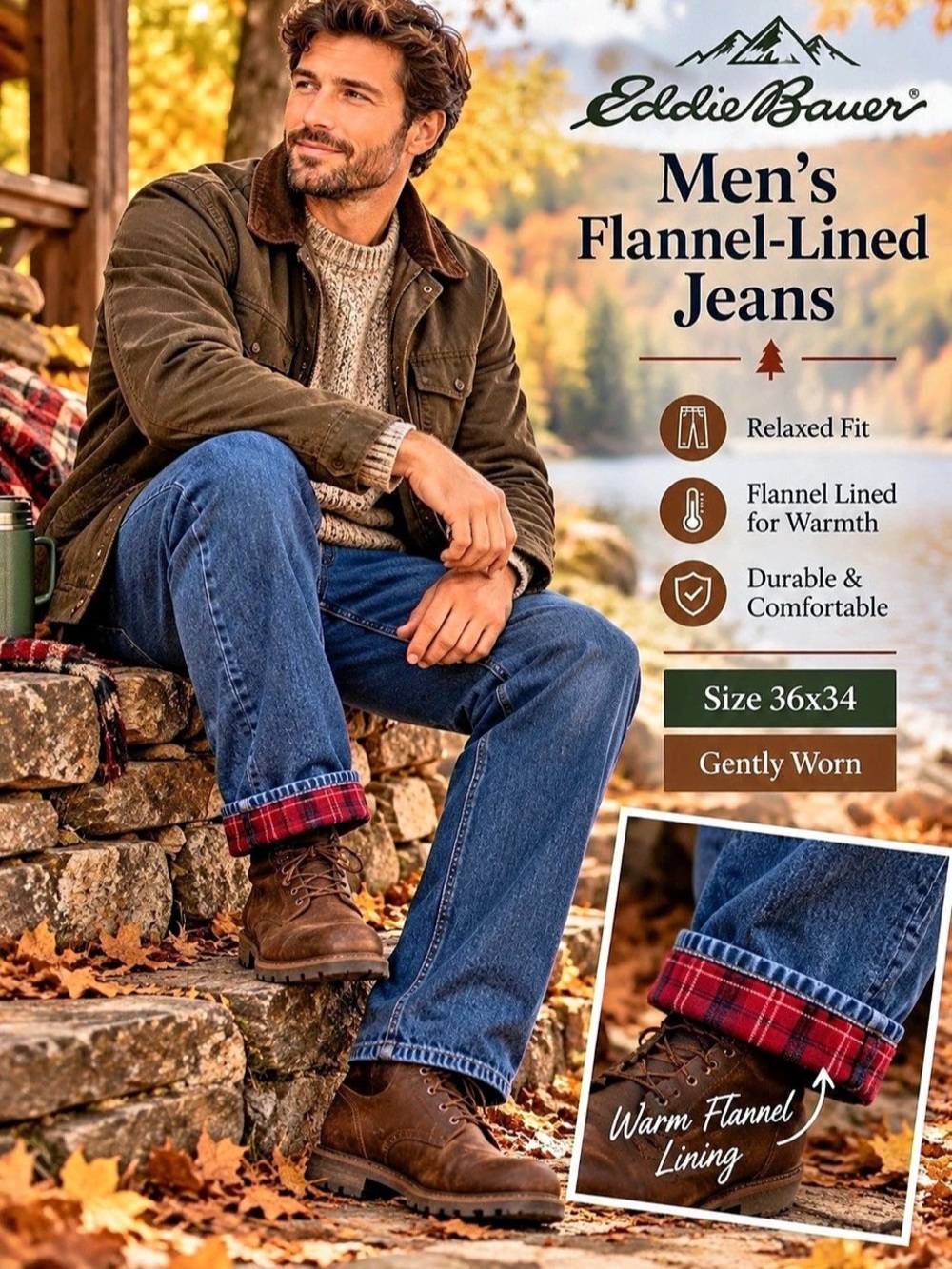 Eddie Bauer Men's Flannel-Lined Jeans Relaxed Jeans Waist 36x34 Blue Plaid